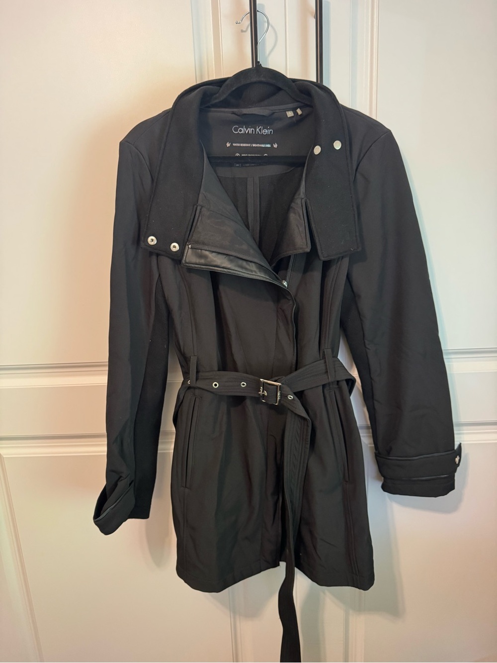 Calvin Klein Black Belted Trench Coat with Snap Collar